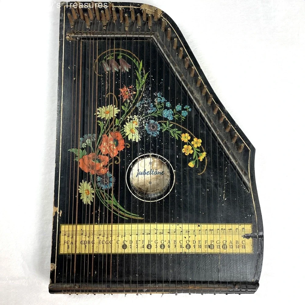 VTG Jubeltone Konzert Salon Harfe Zither Hand Painted Floral Lap Harp Germany